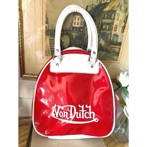 Von Dutch Vintage Y2K Red Patent Bowling Bag Purse White Trim - Picture 4 of 12